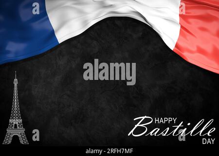 14 July Bastille day flyer, banner or poster. Holiday background with waving flag in man`s hand and map. Vector flat illustration. Stock Photo